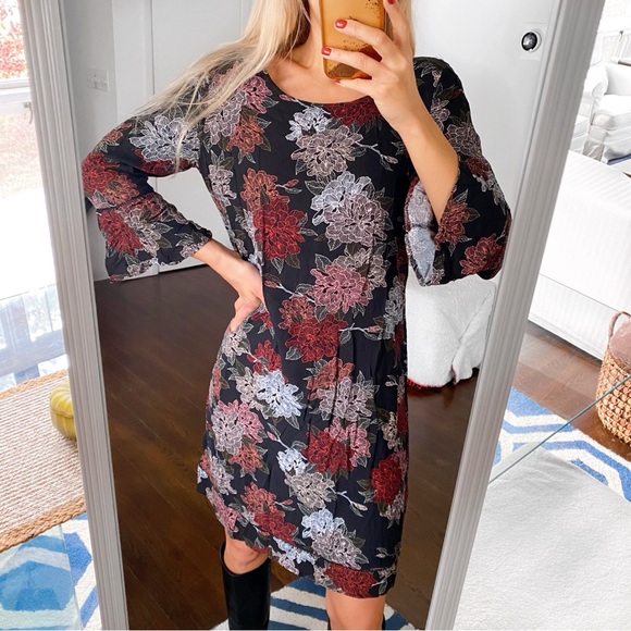 🍂 TARGET COLLECTION BOHO BLACK GREEN MULTI FLORAL CAPRI SLEEVE LOOSE FIT DRESS! - Picture 1 of 14